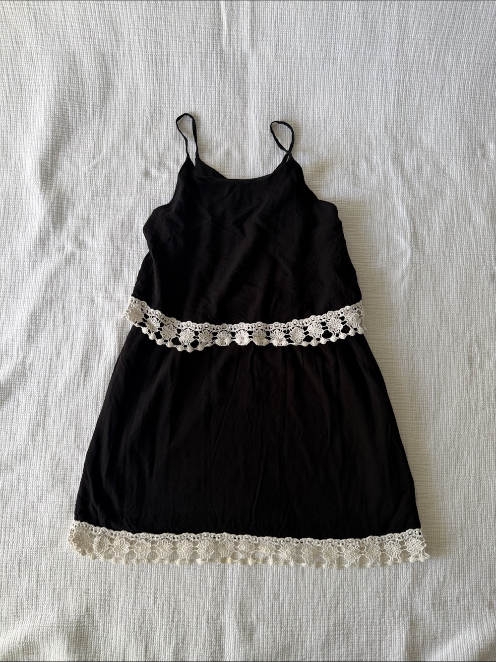 Aqua Black Girls Spaghetti Strap Dress with White Crochet Trim